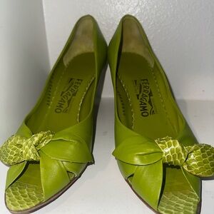 Salvatore Ferragamo Green Peep-Toe Heels with Bow